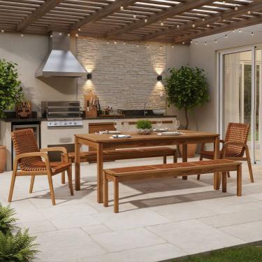 Imagem de Mesa de Jantar Com 02 Bancos de Madeira e 02 Cadeiras com Braço Trammare C07 Corda Ocre - Lyam Decor