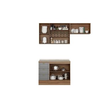 Imagem de Cozinha Completa Bella 6 Portas 3 Gavetas MDF 120cm Cinza e Nogal com Tampo e 3 Módulos