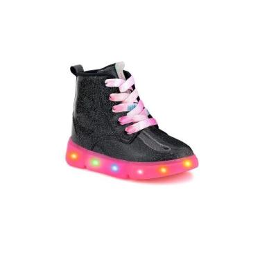 Imagem de Bota Coturno Menina Novopé Glitter Preto/Rosa Led 50001397, 26, Preto