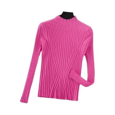 Imagem de Suéter Feminino Slim Fit De Tricô Gola Alta Pulôver Manga Longa Outono