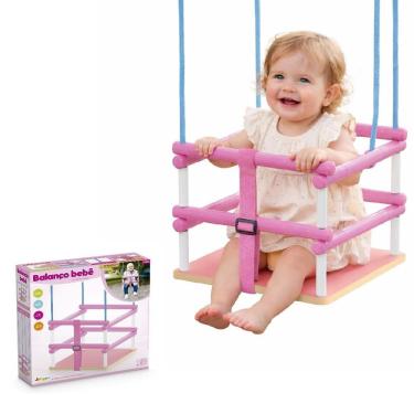 Imagem de Balanço Infantil de Madeira MDF Rosa com Cinto de Segurança para Bebê Até 35kg Yeet