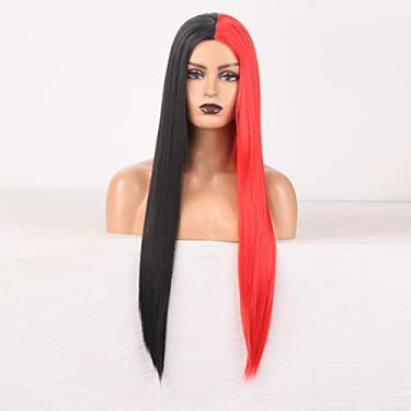 Imagem de Perucas femininas sintéticas afro crespo cor laranja ondulado natural peruca longa para mulheres negras e brancas cabelo de fibra de alta temperatura Perucas de cabelo humano (cor: preto vermelho, comprimento esticado: 45,72 cm)