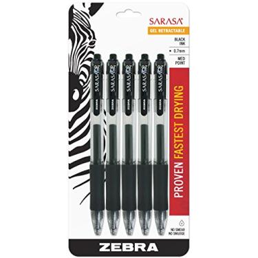 Imagem de Zebra Pen Caneta de gel retrátil Sarasa, ponta média, 0,7 mm, tinta preta, pacote com 5