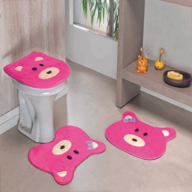 Imagem de Kit Tapete Banheiro Premium Ursa Pink Guga Tapetes 3 peças