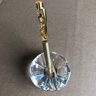 Imagem de Suporte de caneta de cristal com caneta, suporte de caneta tinteiro de cristal de grau perfeito, acessório de mesa e suporte de lápis para presente para professores/peso de papel de cristal (redondo - com caneta esferográfica dourada com gliter)
