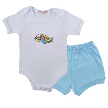 Imagem de Conjunto Body Manga Curta Bordado Avião e Short Tapa Fralda - Roupa Bebê Menino-Masculino