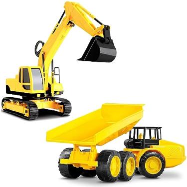 Imagem de Kit Caminhão de Areia Levanta a Caçamba e Trator Escavadeira Brinquedo para Meninos de Construção