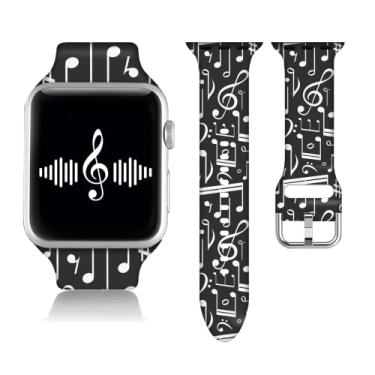Imagem de Compatível com notas musicais Apple Watch 38/40/41/42/44/45mm para mulheres homens, pulseira de substituição impressa de silicone macio para iWatch séries 7 6 5 4 3 2 1 SE.42mm/44mm/45mm