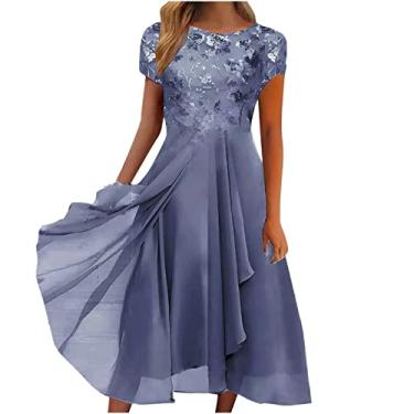 Imagem de Lainuyoah Vestidos assimétricos femininos 2024 decote em V renda chiffon patchwork vestidos elegantes para festa de casamento vestidos rodados, D - Cinza, 3G