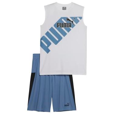 Imagem de PUMA Conjunto de 2 peças de camiseta e short interlock para meninos, branco tradicional, grande, Branco tradicional, G