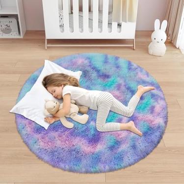 Imagem de ATRUG Tapete redondo fofo arco-íris roxo de 1,2 x 1,2 m para quarto de meninas, tapete circular felpudo macio colorido para crianças tapete felpudo para sala de estar, berçário, sala de jogos