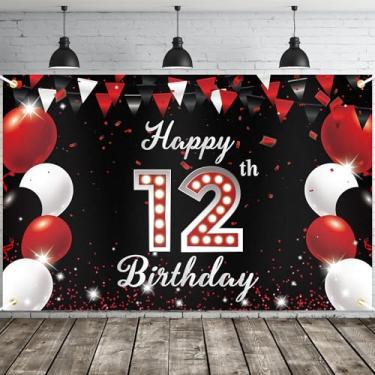Imagem de JOYKY Faixa de feliz aniversário de 12 anos, decoração de festa de aniversário de 12 anos vermelha preta para meninos e meninas, decoração de pano de fundo de suprimentos de aniversário de 12 anos, 15