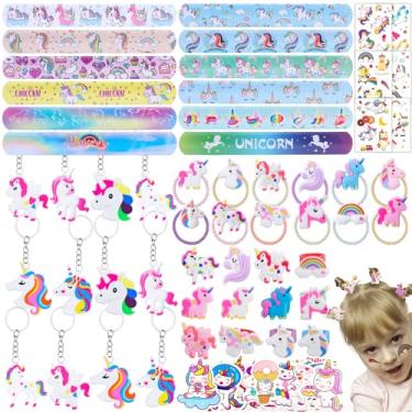 Imagem de Moncinday 133 peças de brindes de festa de unicórnio, artigos de festa de unicórnio para crianças, tema de unicórnio, brindes de festa de aniversário, brindes de festa com pulseira de unicórnio, anéis de cabelo de unicórnio, chaveiros, adesivos, tatuagens de unicórnio para brindes de unicórnio, ench