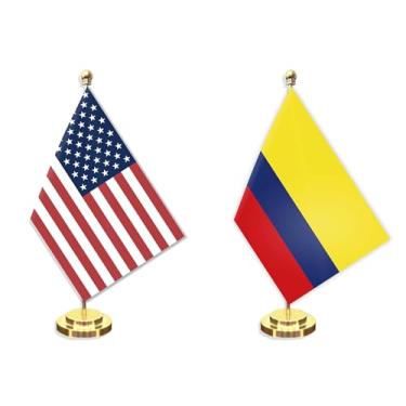 Imagem de Conjunto de 2 unidades de bandeira pequena de mesa colombiana americana, mini banner de mesa colombiano de 12 x 20 cm, decoração de poste sólido de metal de 30 cm, faixa de poliéster impressa digital