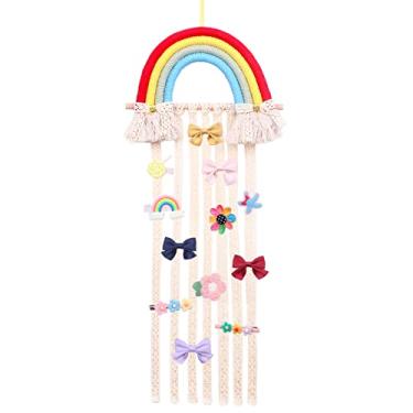 Imagem de FANDOL Suporte de laço de cabelo, organizador de pendurar para meninas, acessórios de cabelo de bebê, armazenamento de arco-íris, gancho de parede para decoração de casa, enfeite de quarto (grampos de