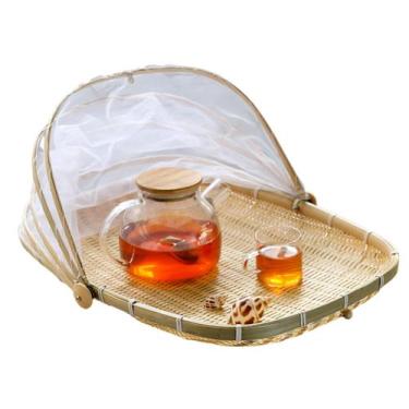 Imagem de 2 Cestos Porta Pães e Bolo Bambu Cobertura Retrátil Retangular 42x27cm