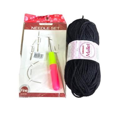 Imagem de Kit material curso de trança Lã mollet Preto + agulhas - Blook