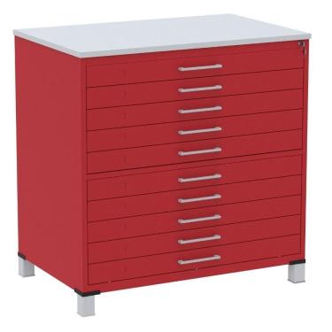 Imagem de Mapoteca 10 Gavetas Pandin 120 cm (Larg) Inmetro Tampo MDP Cinza Estrutura e Gavetas em Aço Vermelho