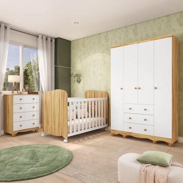 Imagem de Quarto de Bebê com Guarda Roupas 4 Portas Cômoda e Berço com Rodizio Mimo 100% MDF Espresso Móveis Branco Brilho/Amêndoa
