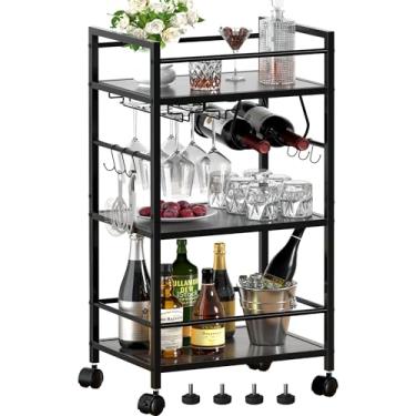 Imagem de Carrinho de bar, carrinho de servir para casa, carrinho de micro-ondas, carrinho de bebidas, prateleira móvel de cozinha com rack de vinho e suporte de vidro, carrinho de bebidas com rodinhas para