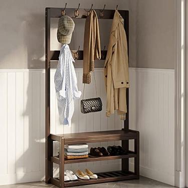 Imagem de Cabideiro para sapato, entrada, árvore resistente com banco de armazenamento, banco organizador de armazenamento com design 3 em 1 com ganchos removíveis, suporte de sapateira de madeira fácil de