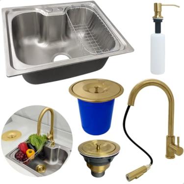 Imagem de Dona D Cor, Cuba 50x40 Gourmet Inox 304 Torneira Alta Monocomando Dourada Lixeira De Embutir 5L Porta Detergente 500ml Valvula E Sifão Kit Cozinha Completa