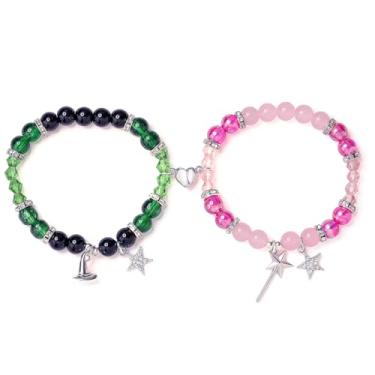 Imagem de Vurotry Pulseiras combinando amizade para amigos BFF Elphaba Galinda Wicked pulseiras coroa strass chapéu de bruxa pulseiras compatíveis com contas verdes rosa colar combinando coração casal joias