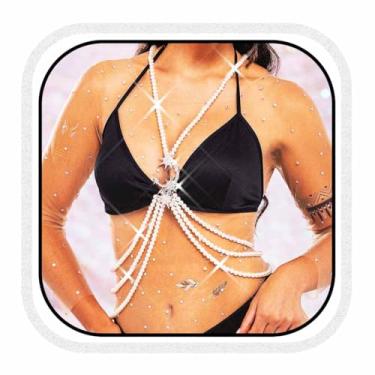 Imagem de Cosydays Corrente de pérola prateada com strass em camadas no peito e sutiã de biquíni em camadas para mulheres, Free, Plástico, Pérola