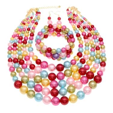 Imagem de Falso Big Pearl Srand Colares para Mulheres 5 Camadas Pérolas Gargantilha Colar Colar Pulseira e Brincos Conjunto 1920 Fantasia Pérola Joias Casamento, Adjustable, Zinco, Pérola sintética