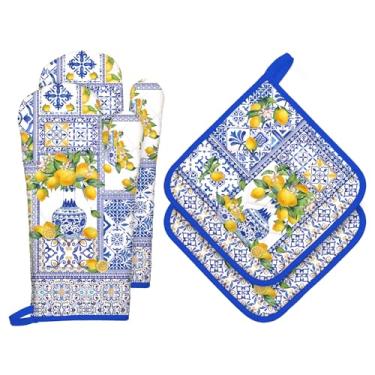 Imagem de Arquiel Conjuntos de luvas de forno e suportes de panela amarelas, 4 peças, 100% algodão, resistentes ao calor, luvas de forno extralongas para cozinha, cozinha, decoração de panificação