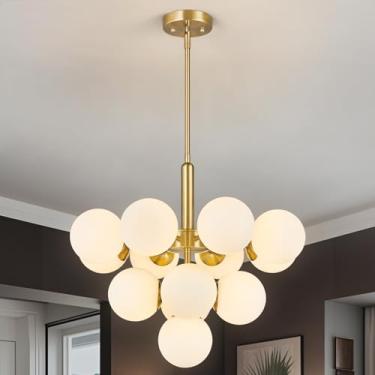 Imagem de LBSQJ Lustre Moderno De Meados Do Século Com 13 Luzes, Lustre Dourado Sputnik, Luminária Pendente Em Formato De Globo, Com Abajur De Vidro Branco Leitoso Para Sala De Jantar, Sala De Estar, Hall De
