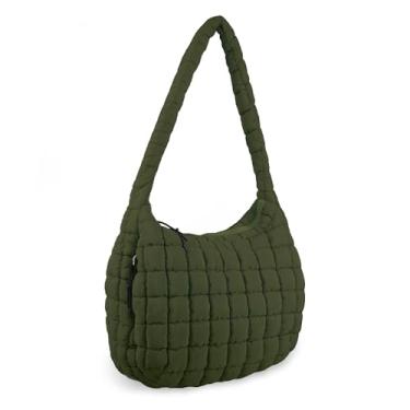 Imagem de Sacola acolchoada para mulheres, bolsa tiracolo grande e fofa, bolsa Hobo de nylon leve com zíper, bolsa acolchoada e fofa, bolsa acolchoada grande para viagens diárias (verde escuro), Verde escuro