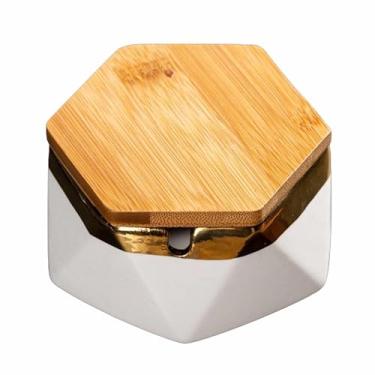 Imagem de Cinzeiros de mesa de cerâmica cinzeiro de mesa com tampa polígono para mulheres homens moderno à prova de vento para fumar para uso doméstico escritório ornamentos (tamanho: White)