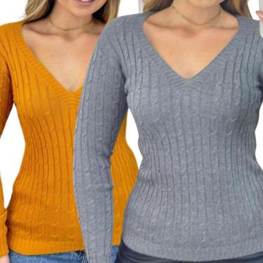 Imagem de Kit 2 Blusas Femininas Industrie Suéter Malha Tricô Mostarda e Chumbo Manga Longa Tamanho:Único;Cor:-Feminino