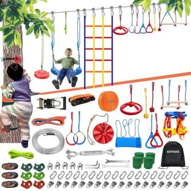 Imagem de SZHTMZXC 2 x 65FT Ninja Warrior Obstacle Course for Kids Backyard Outdoor, 500 Lbs Stainless Steel Rope, Ninja Bottom Slackline, Monkey Bars (65FT 13Pcs Ratchet Bottom Rope Tree Climbing)