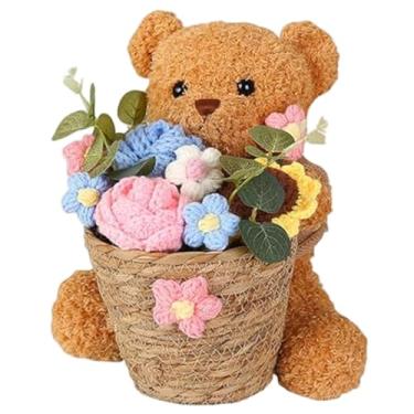 Imagem de Cesta de buquê de flores de crochê, linda cesta de daminha de flor tecida à mão de girassol com urso, girassóis tecidos à mão, margarida, vasos de plantas para casa, escritório, aniversário, dia dos