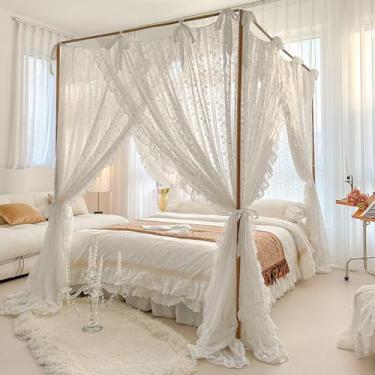 Imagem de SCMTYWCQ Elegante Renda Princesa 4 Postes de Canto Mosquiteiro Romântico para Meninas Mulheres Cama Cortina Dossel para Adultos Casamento Quarto Crianças Decoração (Branco-3, Queen)