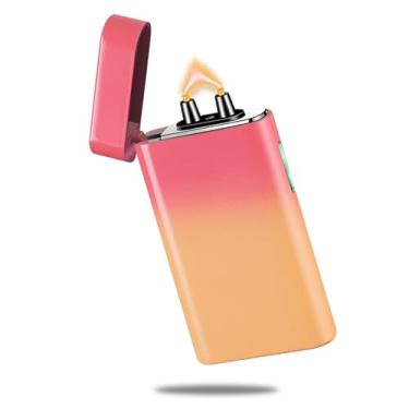Imagem de RSBYE Isqueiro elétrico, USB C, recarregável, plasma, de alta potência, à prova de vento, acendedor de chamas para velas, acampamento e uso diário (rosa e amarelo)