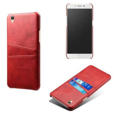 Imagem de Capas Compatível com OPPO R9 PLUS,Caso de couro PU-Tampa de telefone a prova de choque com 2 slots de cartão,Proteção anti-impressão digital e anti-gota-Red