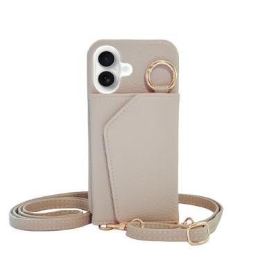 Imagem de Lejanuxy Capa de couro com porta-cartões para iPhone 16 com suporte de anel e alça transversal, bege
