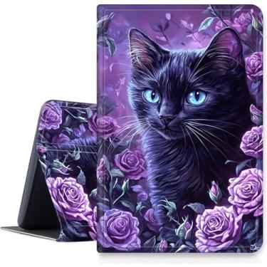 Imagem de Capa para iPad (A16) 11ª geração 11 polegadas 2025/10ª geração 10,9 polegadas 2022 capa protetora inteligente de couro PU com hibernar/despertar automático para iPad 11/10 geração, gato preto rosas