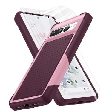 Imagem de Capa para Google Pixel 7 Pro com 2 peças de películas protetoras, 3 em 1 resistente à prova de choque, corpo inteiro, policarbonato rígido e resistente, TPU macio, slim fit, capa durável para Google Pixel 7 Pro 5G (2022), vermelho e rosa