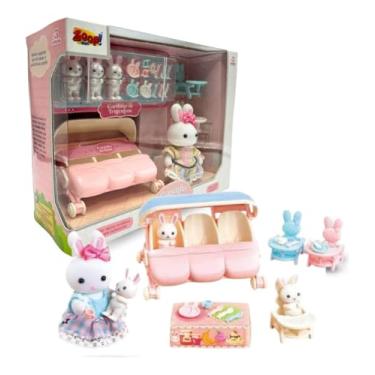 Imagem de Zoop Toys Carrinho de Trigêmeos, Casa de Bonecas, Kit com Coelhinhos e Acessórios, Brinquedo Infantil