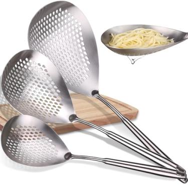 Imagem de MARTE Escumadeira Escumadeira Conjunto de 3-304 Utensílios de Coador de Aranha de Aço Inoxidável Colher de Concha com Alça para Cozinhar e Fritar - Coador de Massas de Cozinha - 37 cm, 42 cm