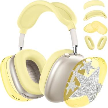 Imagem de [4 em 1] Capa para AirPods Max (2024/2020) Capa para fone de ouvido/capa para fones de ouvido com decoração de estrelas brilhantes para fones de ouvido Apple AirPods Max (Yellow Star-T)
