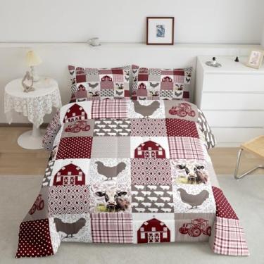 Imagem de Conjunto de edredom Queen com estampa de celeiro de fazenda, vaca leiteira, galinha, porco, animais, rústico, para mulheres e adultos, arte moderna, quadriculado, vermelho, geométrico, luxuoso, com 2