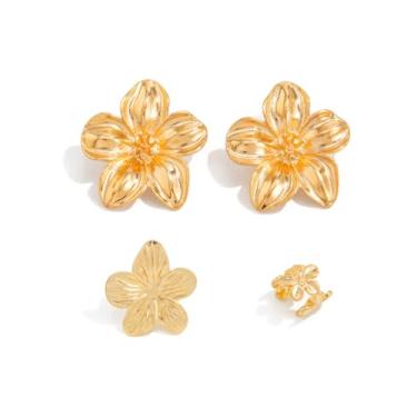 Imagem de Conjunto de 3 peças de brincos de flor de ouro para mulheres, brincos de flor de vento, estrela-do-mar, personalizado, estilo oceano, fivela de orelha, clipe de orelhas de elfo, joias de praia de