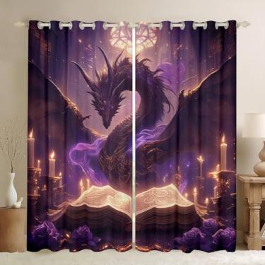 Imagem de Cortina de janela de dragão, cortinas exóticas de animais selvagens ocidentais para meninas e meninos, cortinas góticas mágicas roxas de tratamento de janela para escritório e casa, 106 cm L x 230 cm