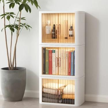 Imagem de CXCJAI Armário de armazenamento de plástico empilhável com portas deslizantes – Organizador de 3 camadas com painéis dourados para quarto, banheiro, escritório, cozinha – Unidade de armazenamento