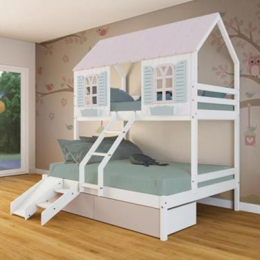 Imagem de Beliche Casal/ Solteiro Casinha Bela 02 Gavetas Rosa Kit Escada/Escorr